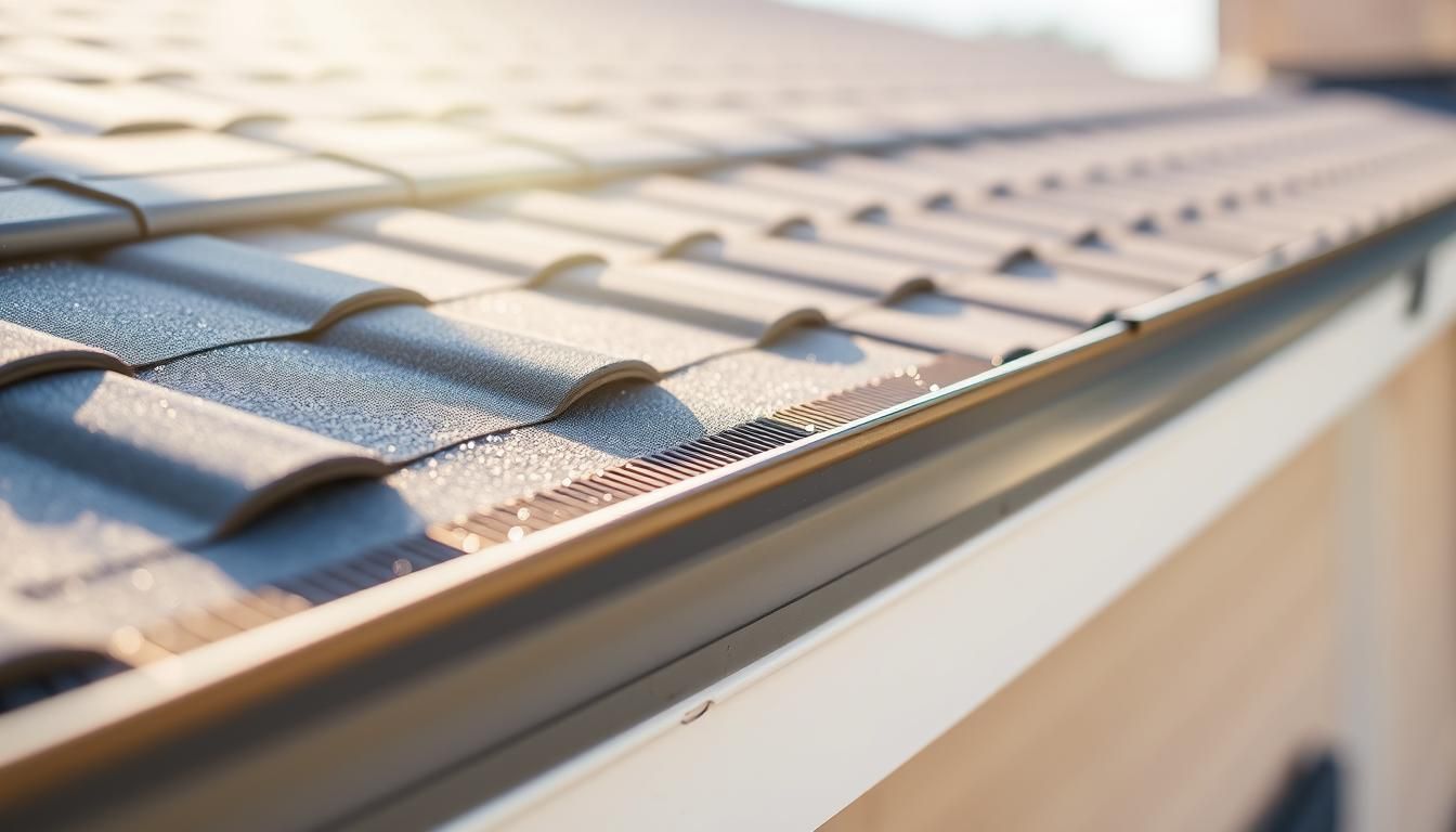 Close-up of a roof with brown tiles and a black gutter, covered in frost. The sun is reflecting.