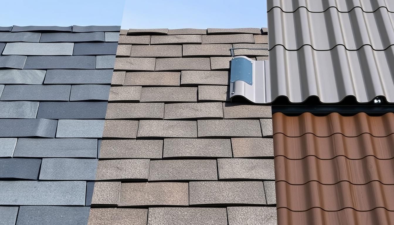 Three roof samples: slate, asphalt shingles, and metal tile.