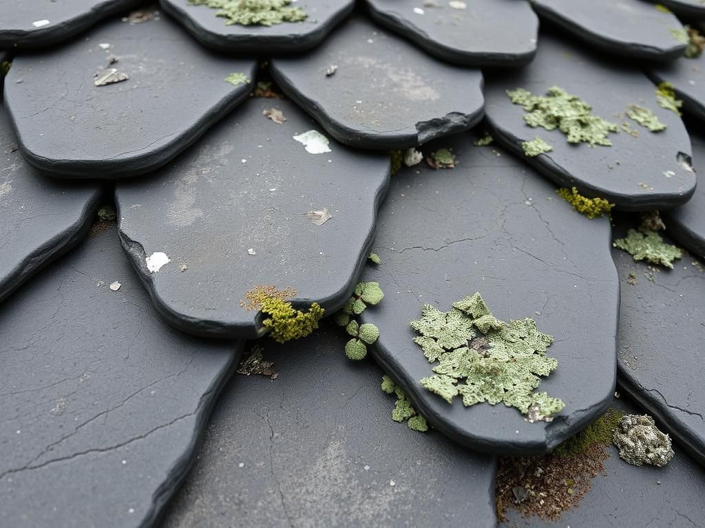 Close-up of weathered gray slate roof tiles with green lichen growing on them.