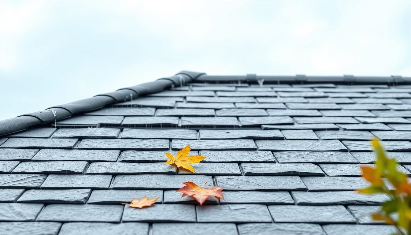 Gray shingle roof with fallen autumn leaves against a cloudy sky.