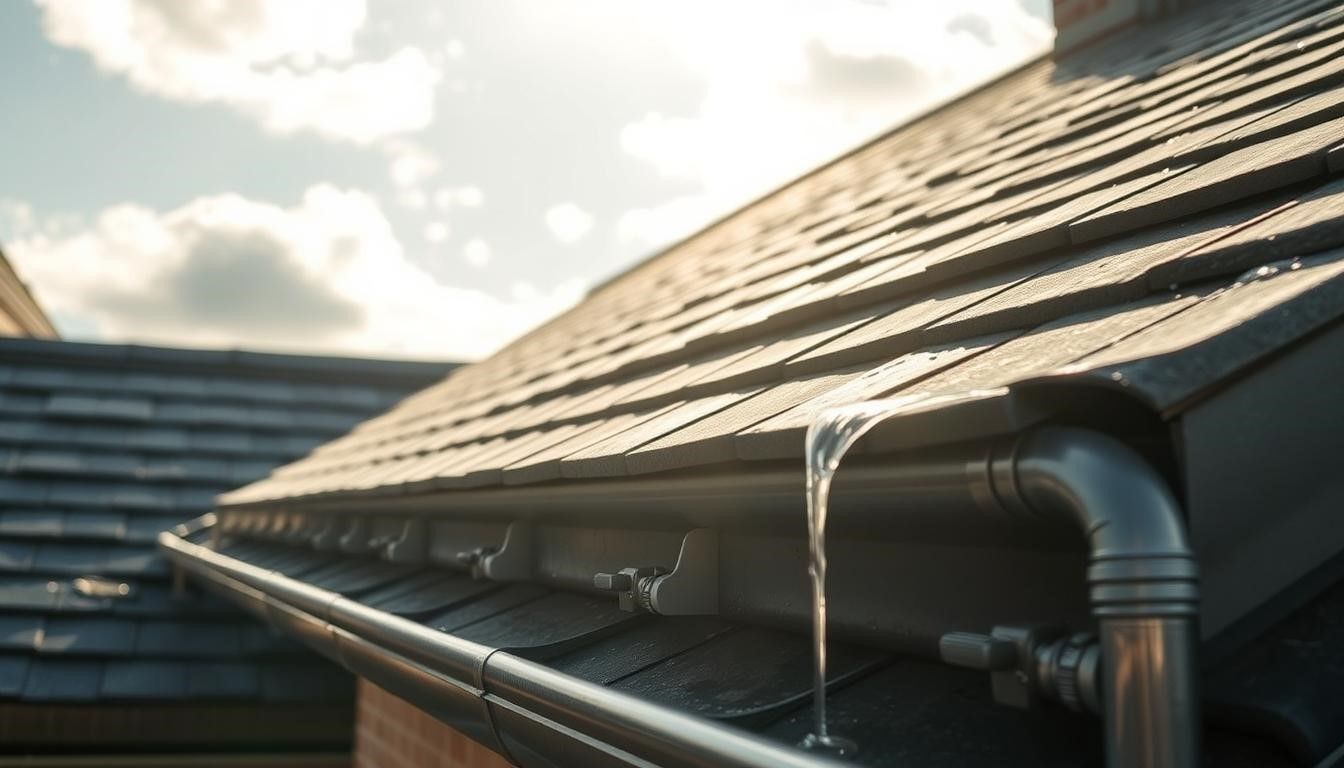 Water pouring from a black gutter on a slate roof, sun shining through clouds.