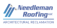The logo for needleman roofing Slate Installation llc is blue and white.