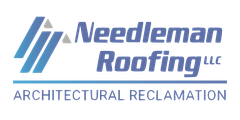The logo for needleman roofing Slate Installation llc is blue and white.