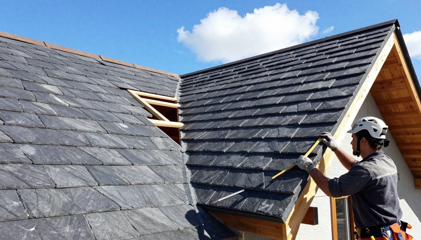 Roofing contractor installing slate tiles on new roof construction