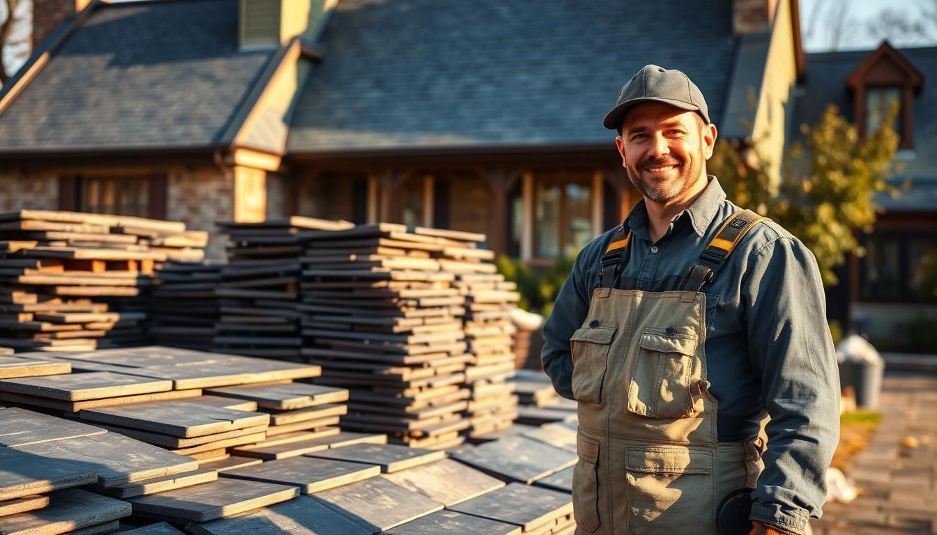 Roofer smiling near stacks of roofing tiles in front of a house.