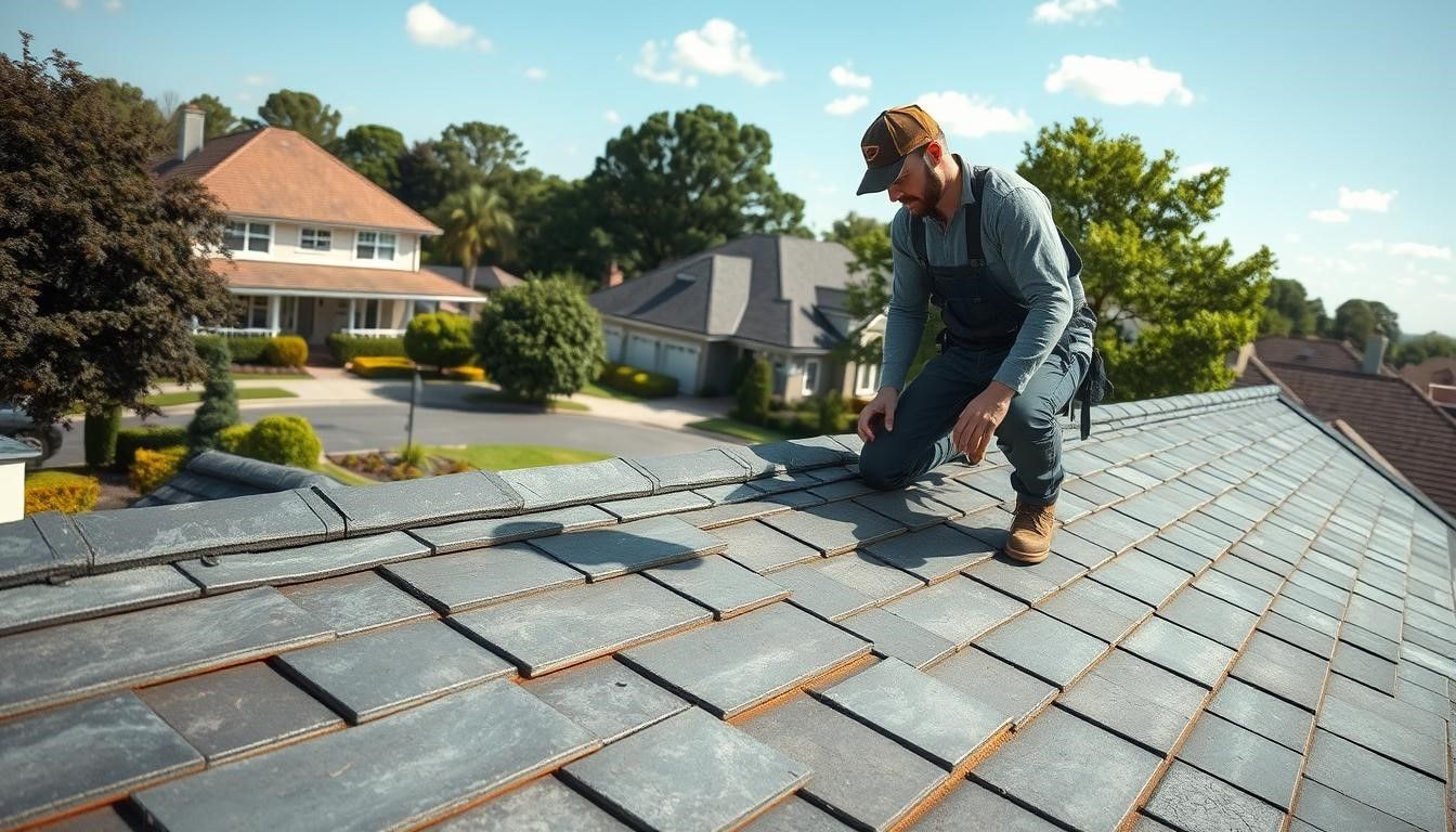 Roofer in overalls and cap inspecting a gray slate roof with houses in background on a sunny day.