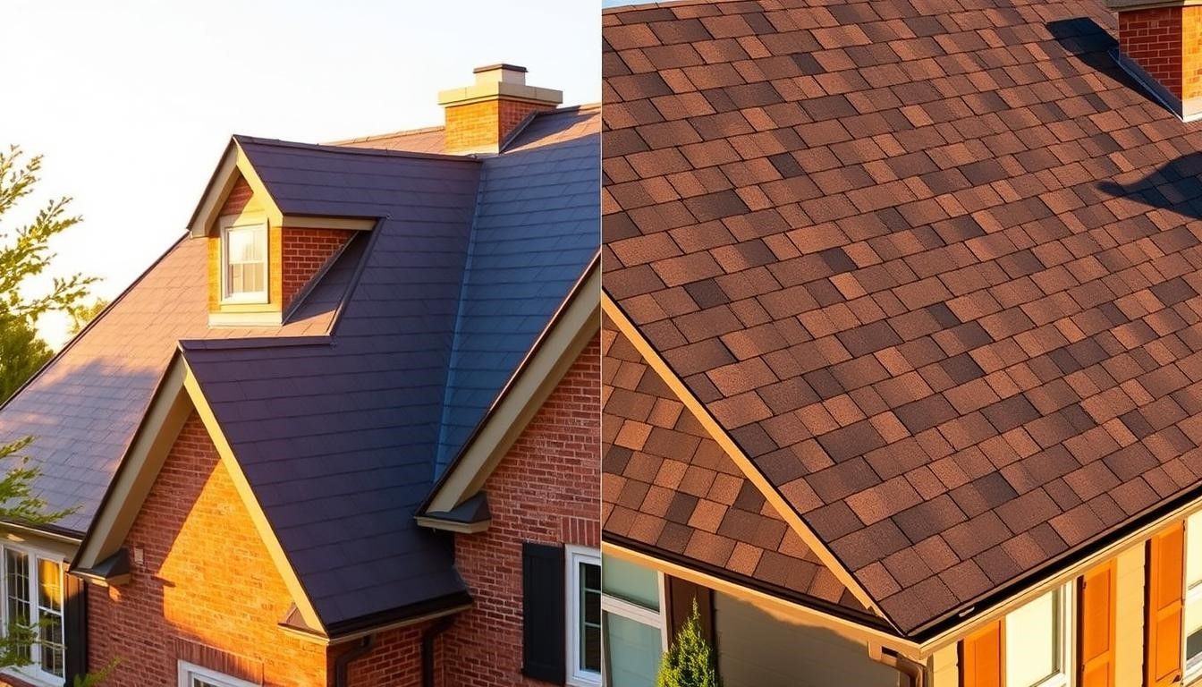 Two homes with contrasting roof styles: one with dark gray shingles, one with brown asphalt shingles.