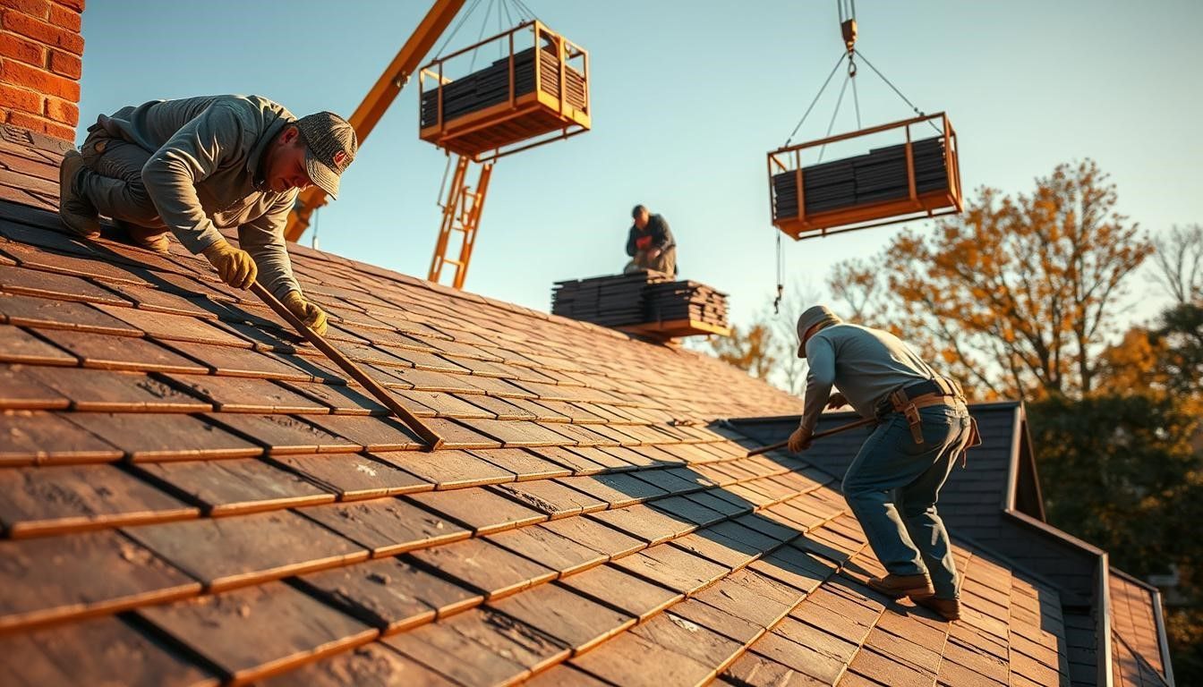 Roofers installing shingles on a house roof using a crane to lift materials; sunny day.