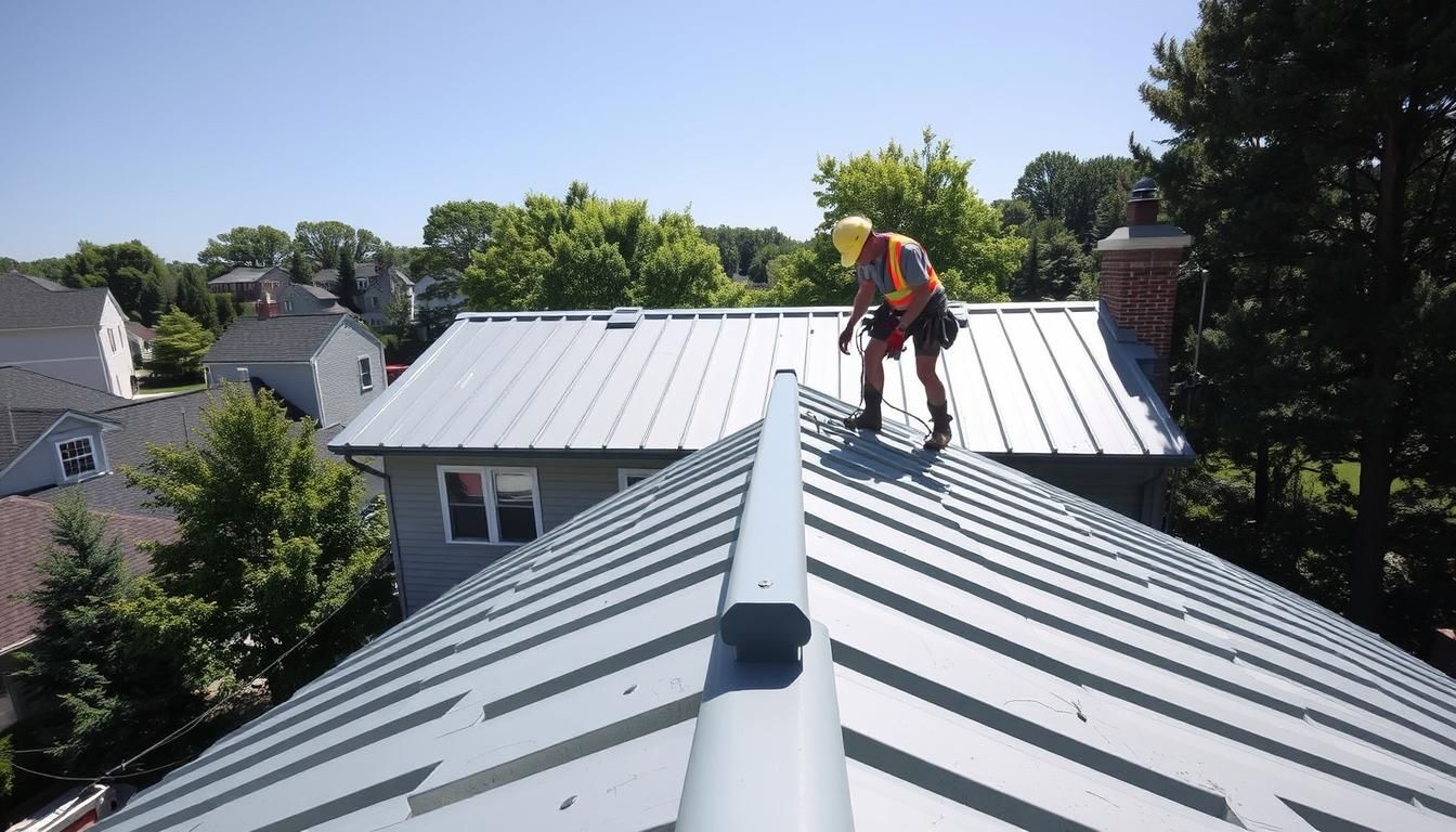 Roofer in hard hat and safety vest on a metal roof, working on a sunny day.