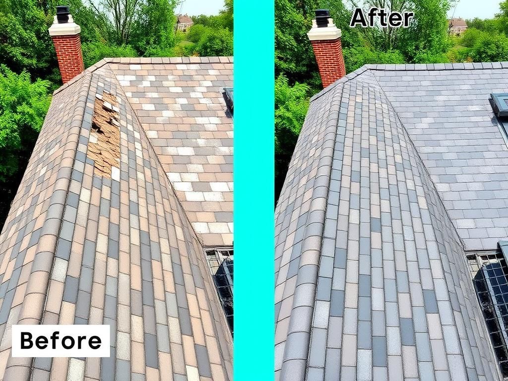 Comparison of a roof before and after repair. Showing missing tiles replaced with new, matching material.