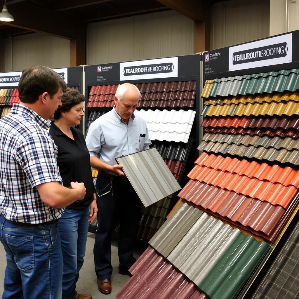 Three people examining metal roofing samples in a showroom. The salesperson holds a sample, discussing options.