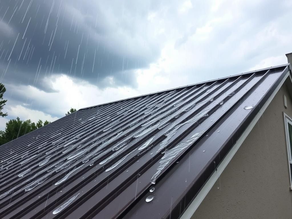 Rain falling on a brown metal roof against a cloudy sky.
