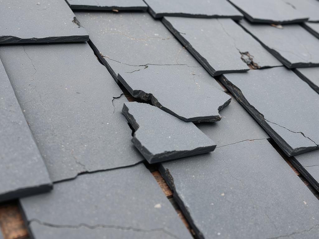 Damaged slate roof tiles, some cracked and broken, showing signs of wear and tear.