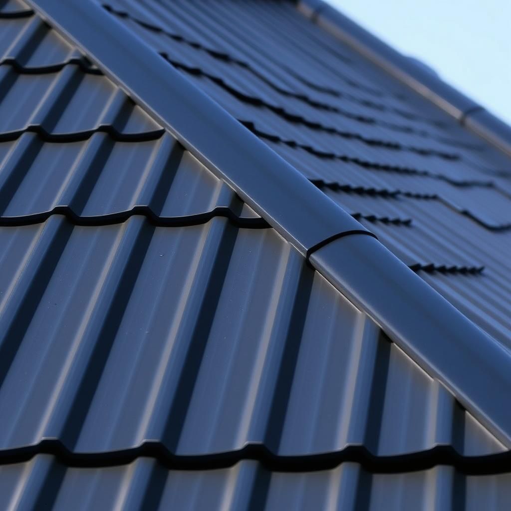 Close-up of a dark metal roof with a gutter in the foreground against a blue sky.