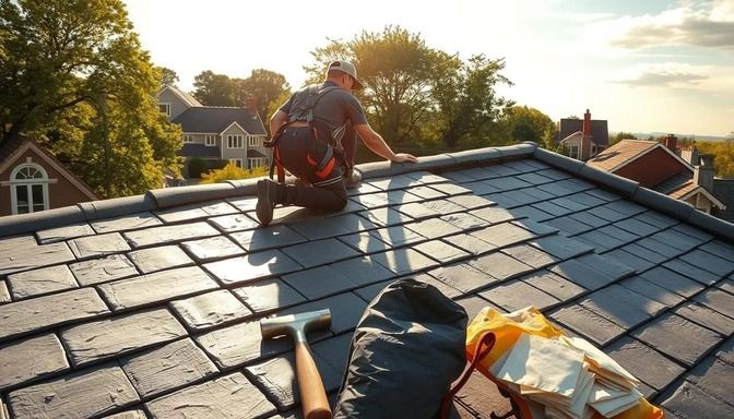 Roofer on a gray slate roof, sunlight, working with a hammer, harness for safety, residential neighborhood.