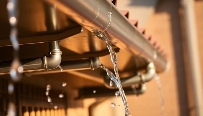 Water pouring from metallic gutters on a building during rainfall.