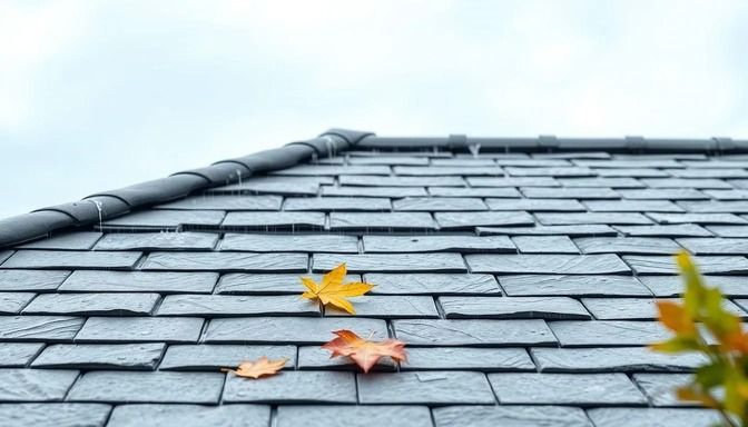 Gray shingle roof with fallen autumn leaves against a cloudy sky.