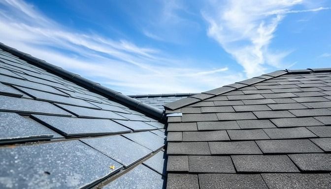 Two roof sections meeting against a blue sky. Slate tiles on the left, asphalt shingles on the right.