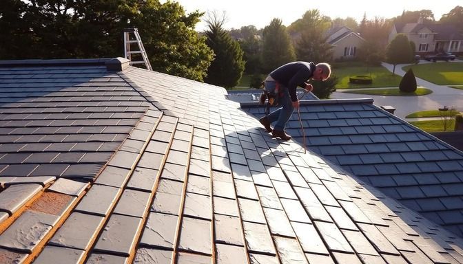 Roofer inspecting a slate roof on a house; sunlight, ladder, residential neighborhood.