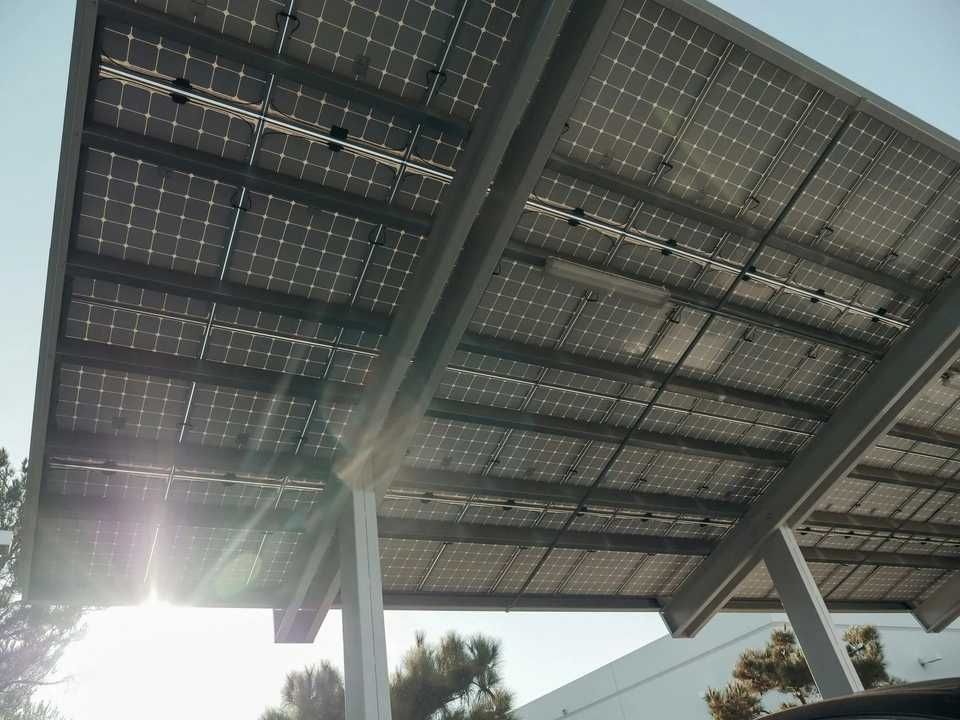 View from beneath solar panels, sunlight shining through, outdoor.
