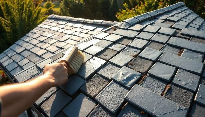 Person using a brush to clean a slate roof, with sunlight on the dark gray tiles.