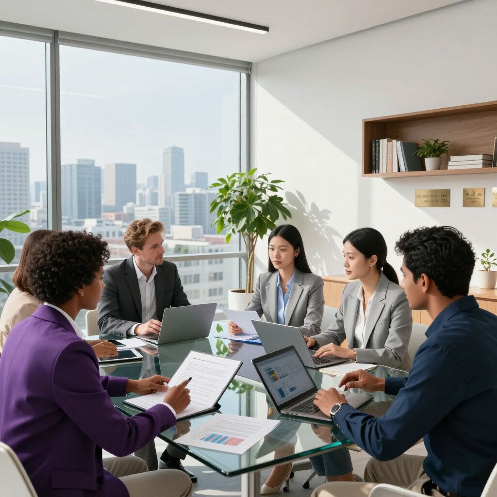 Een zakelijk team vergadert rond een glazen tafel met laptops, grafieken en uitzicht op de stad.