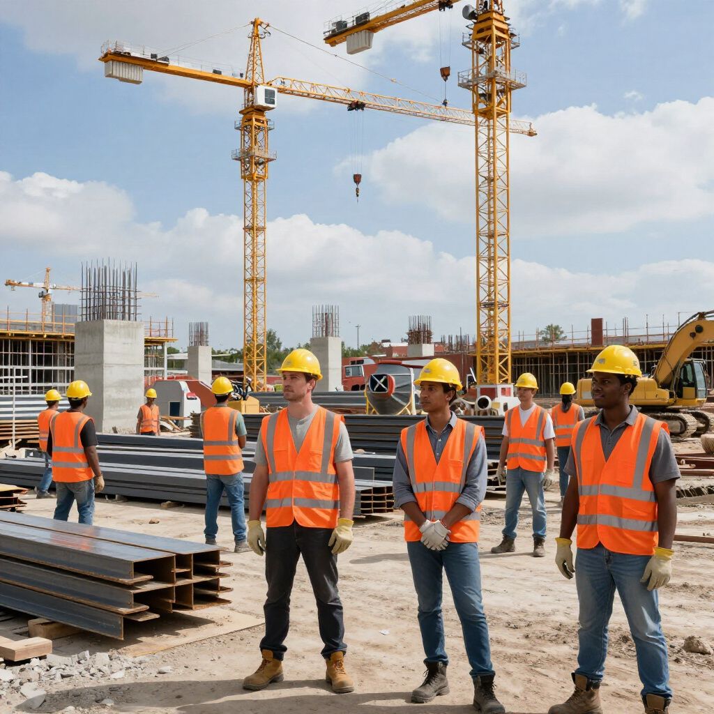 Bouwvakkers met veiligheidshelmen en -vesten op een bouwterrein met kranen en materialen.