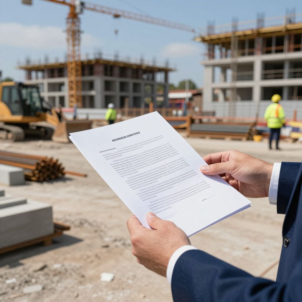 Persoon in pak met documenten op een bouwterrein; gebouwen en machines zichtbaar op de achtergrond.