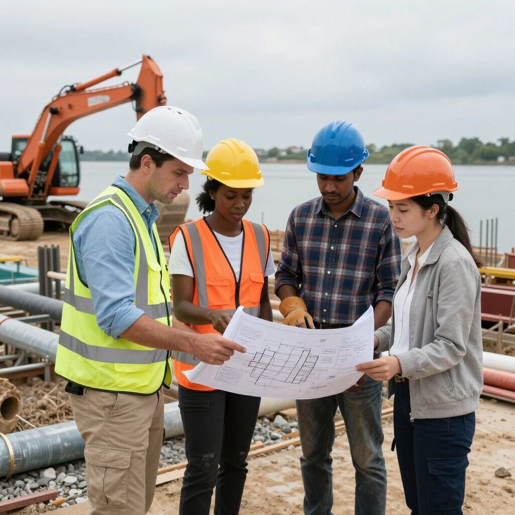 Bouwteam met veiligheidshelmen bekijkt bouwtekeningen in de buitenlucht. Oranje graafmachine en water op de achtergrond.
