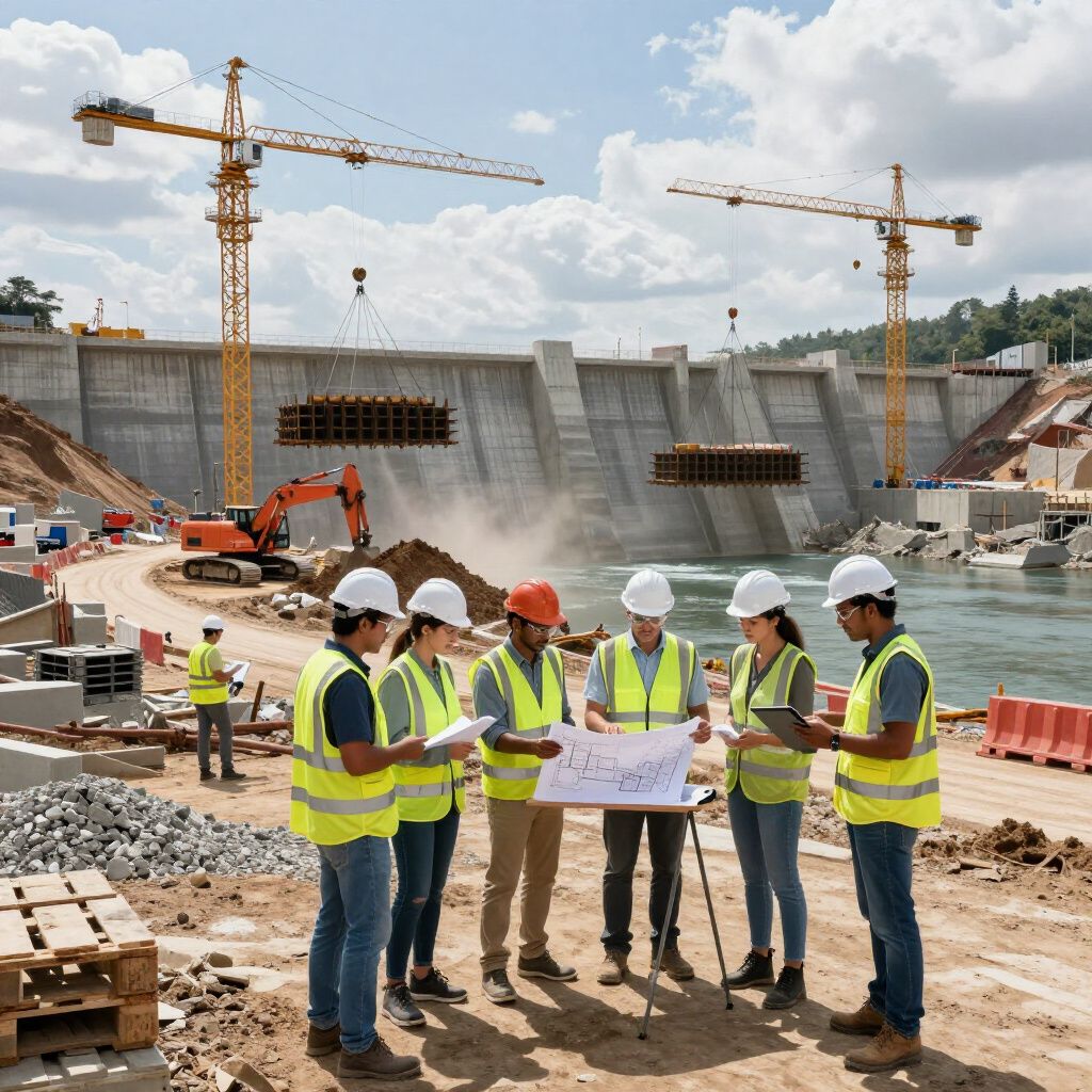 Bouwvakkers in veiligheidsvesten en -helmen bekijken bouwtekeningen op een damconstructieplaats, met kranen op de achtergrond.