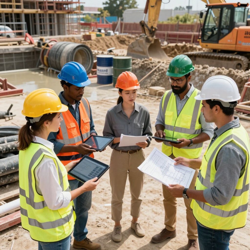Bouwvakkers met veiligheidshelmen en -vesten bekijken bouwtekeningen op een bouwterrein.