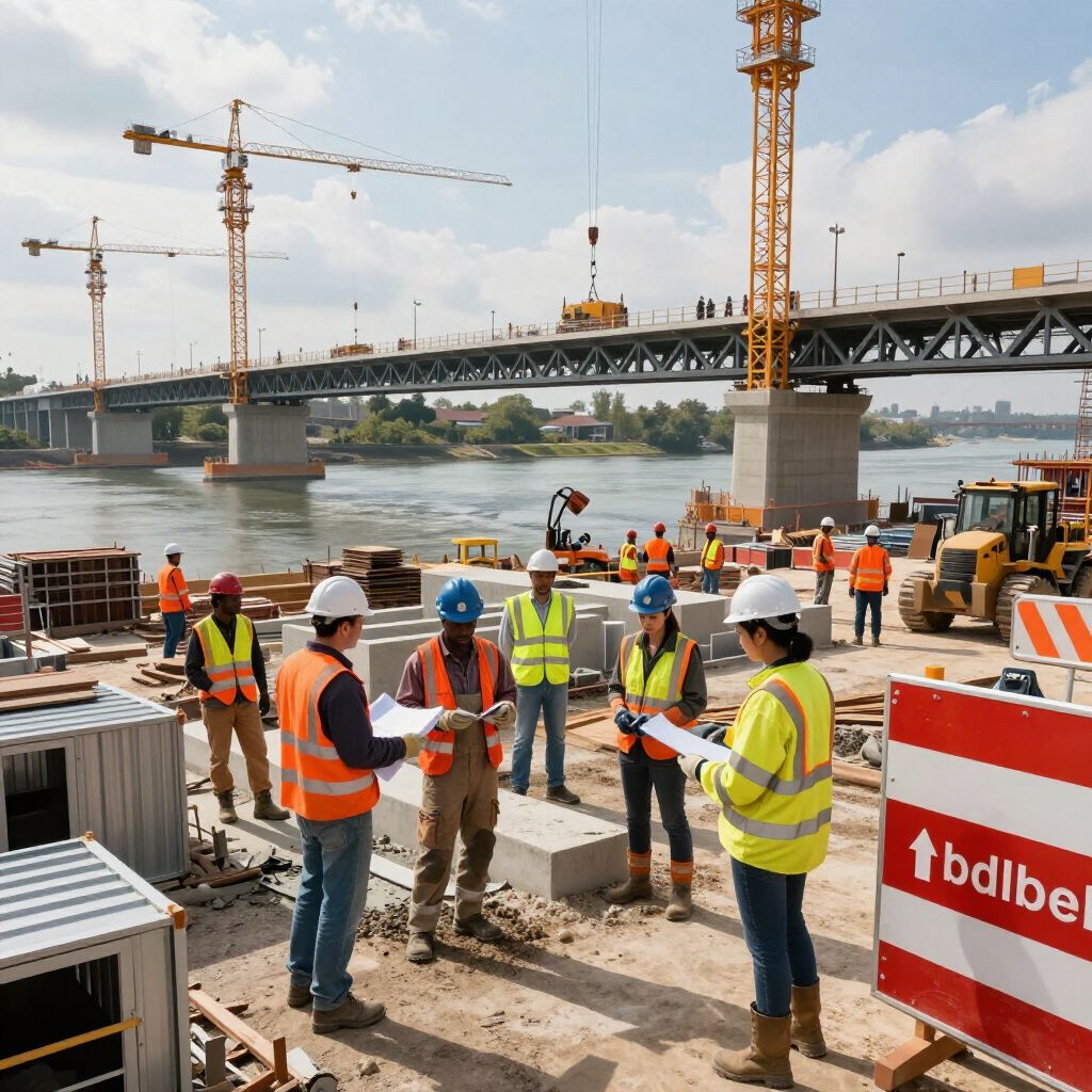 Bouwplaats met arbeiders rondom bouwtekeningen, een brug en kranen; een heldere zonnige dag.