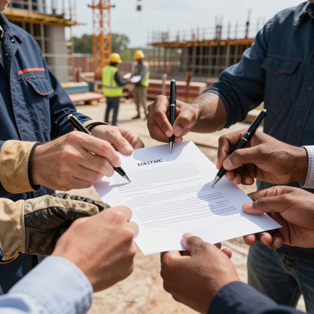 Bouwvakkers ondertekenen een contract op een bouwplaats.