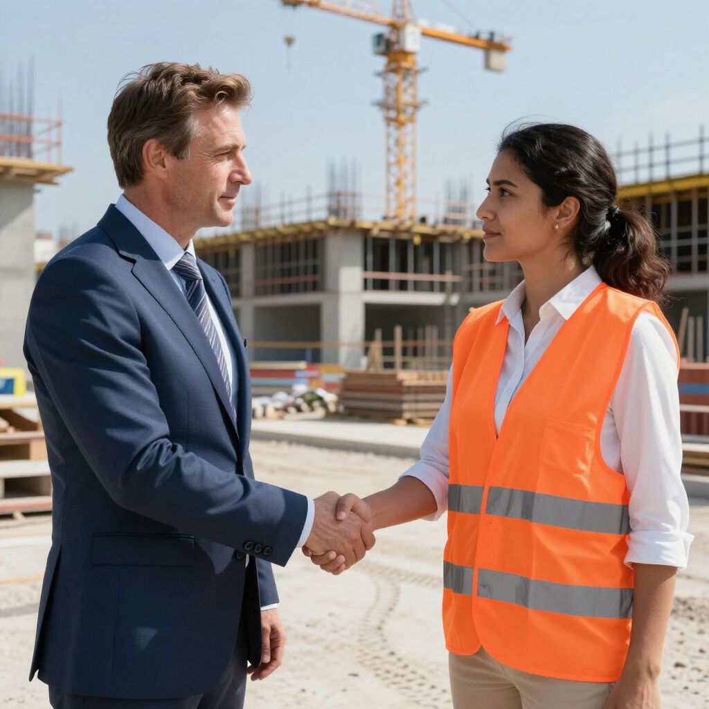 Een man in pak schudt de hand van een persoon in een oranje veiligheidsvest op een bouwterrein.