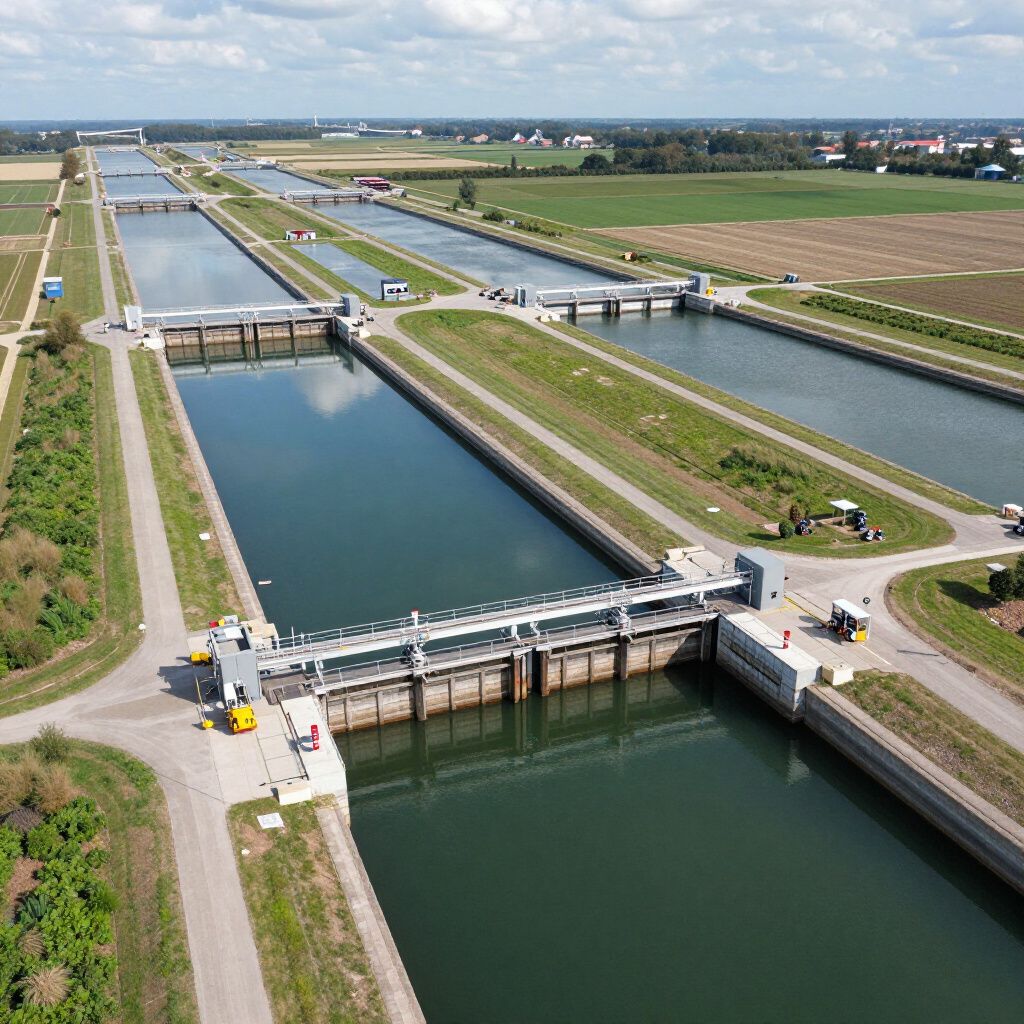 Luchtfoto van een kanaalsysteem met meerdere sluizen en waterkanalen, omgeven door velden en een heldere hemel.