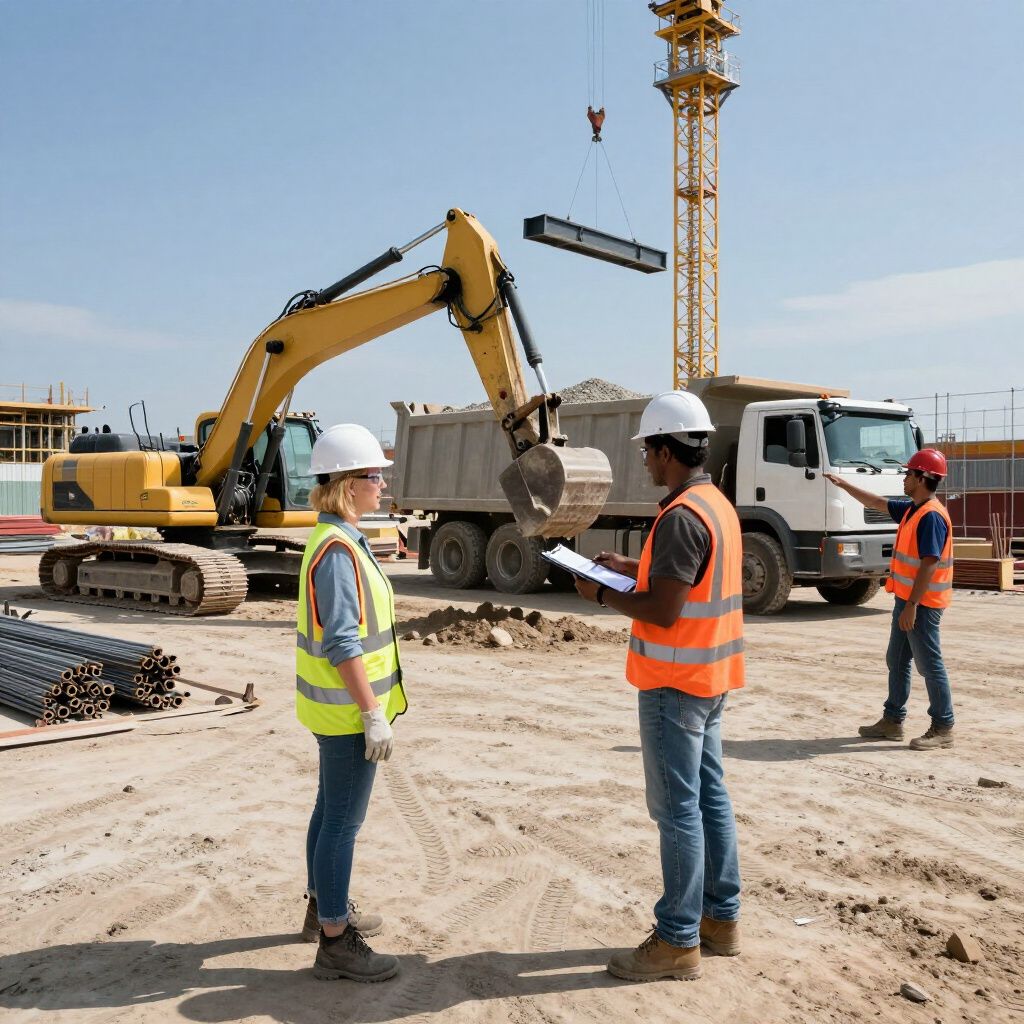 Bouwplaats: Arbeiders met veiligheidshelmen en -vesten overleggen in de buurt van zware machines, een vrachtwagen en een kraan.