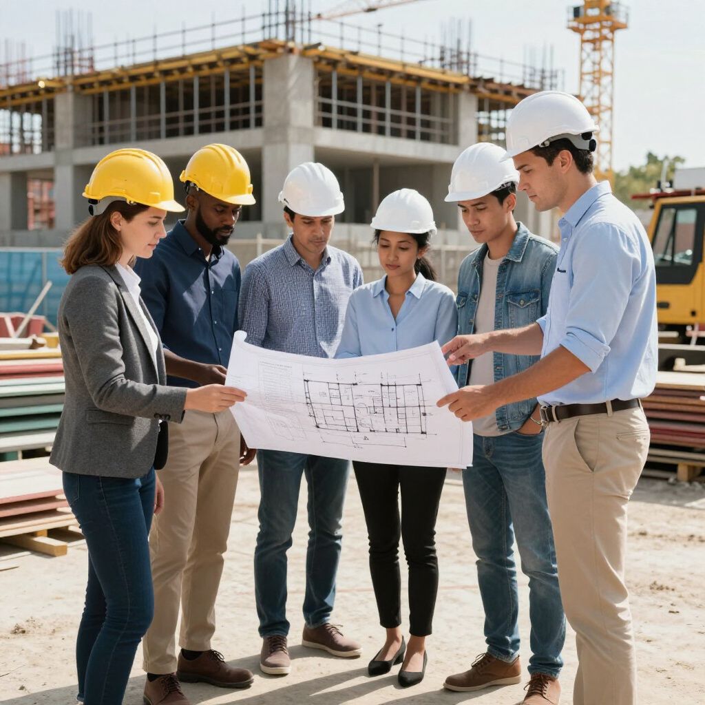 Een bouwteam bekijkt bouwtekeningen op een bouwterrein. Ze dragen veiligheidshelmen en bestuderen de plannen.
