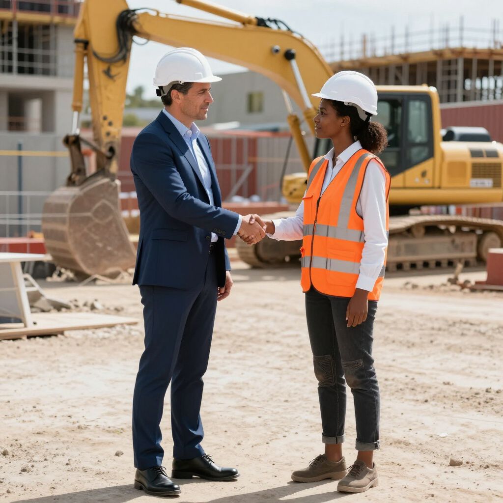 Een man in pak schudt de hand van een persoon in een veiligheidsvest op een bouwterrein.