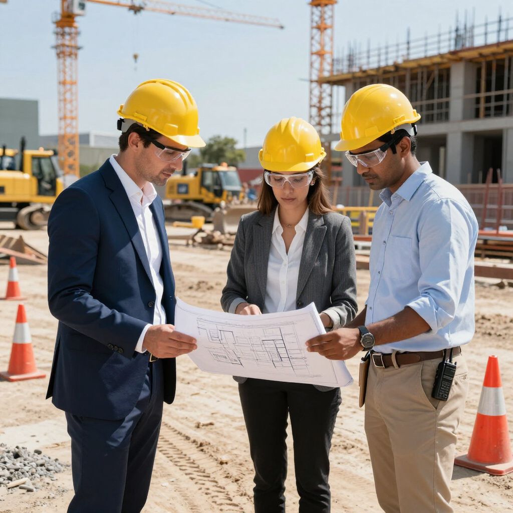 Drie bouwvakkers met veiligheidshelmen bekijken bouwtekeningen op een bouwterrein.