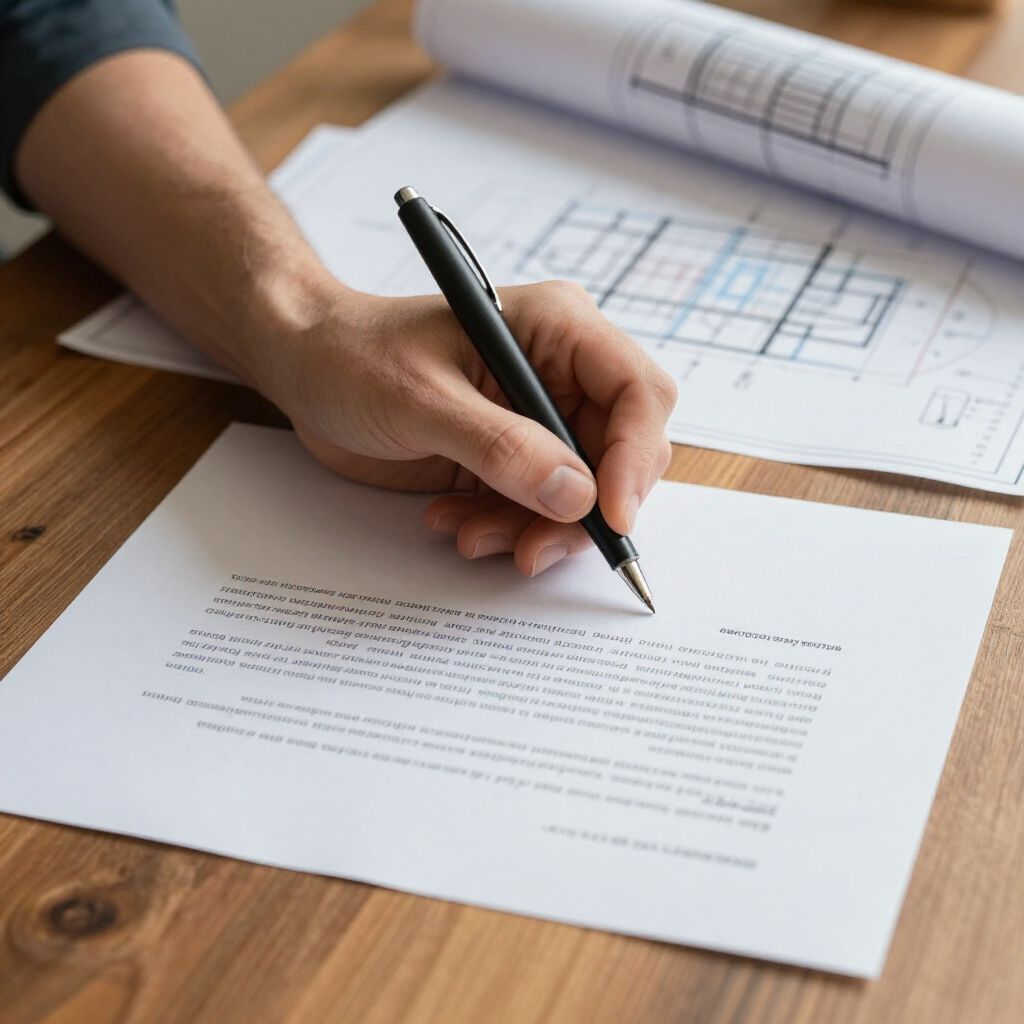 Een persoon schrijft met een pen op een document, met op de achtergrond architectuurtekeningen.