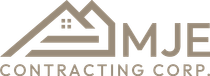 Logo of MJE Contracting Corp. featuring a house outline and the initials MJE in a tan color.