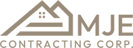 Logo of MJE Contracting Corp. featuring a house outline and the initials MJE in a tan color.