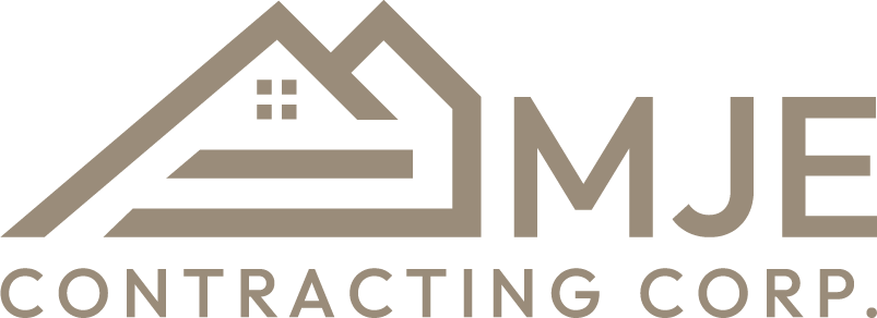 Logo of MJE Contracting Corp. featuring a house outline and the initials MJE in a tan color.
