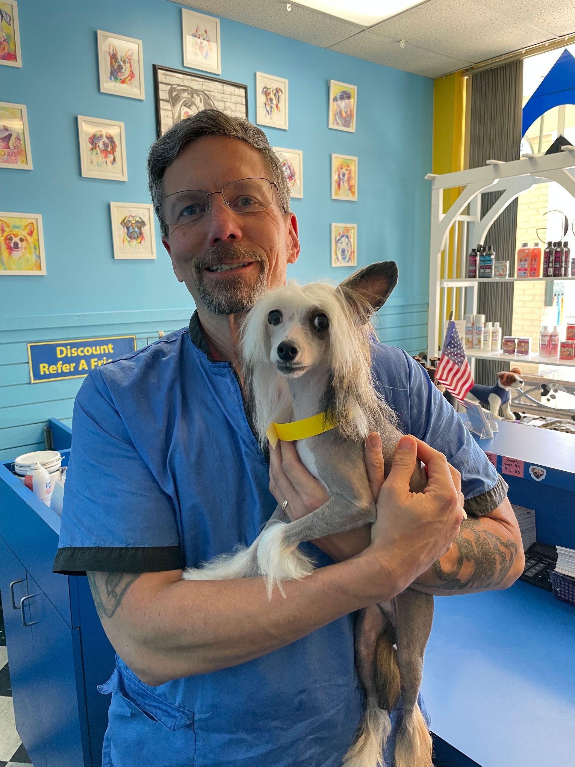 Man holding a Chinese Crested dog. Blue walls, artwork, and shelves.