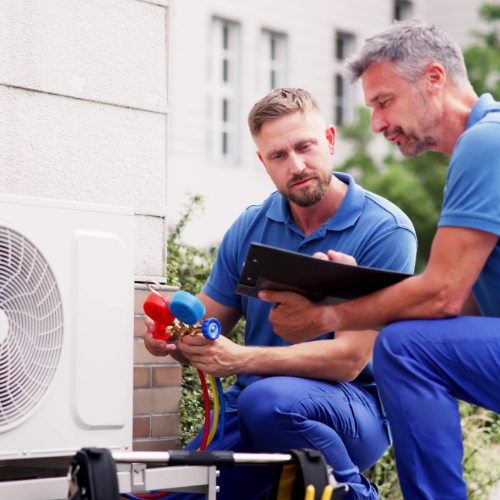 Two technicians in blue examining an outdoor air conditioning unit. One holds gauges, other looks at clipboard.