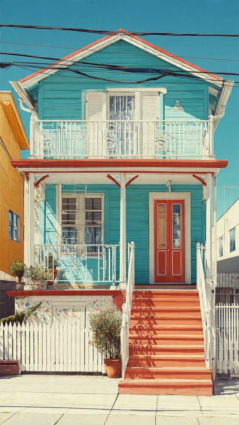 Two-story turquoise house with red door, stairs, and balcony; white picket fence, against a bright blue sky.