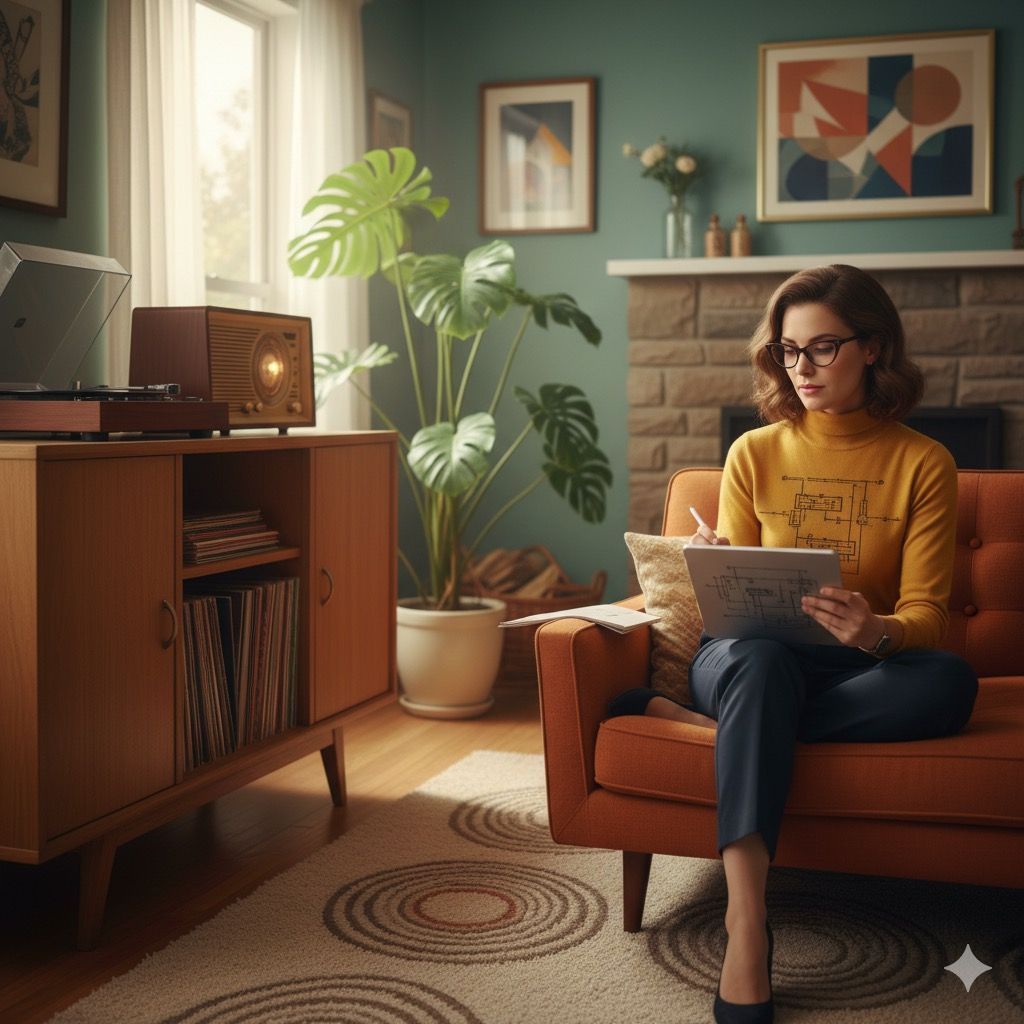 Woman in glasses writing on a tablet on an orange sofa in a retro living room with a record player and monstera plant.