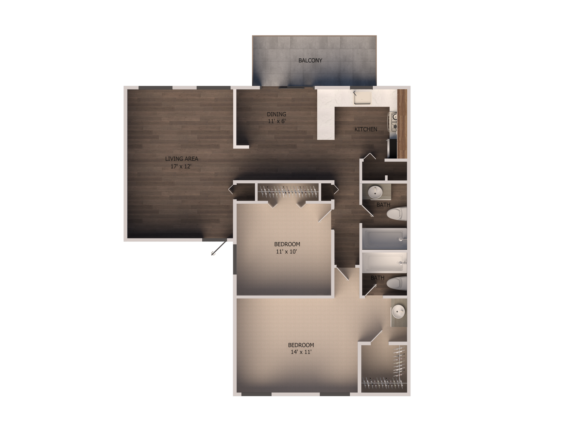 2 Bed, 2 Bath Bath Floor Plan