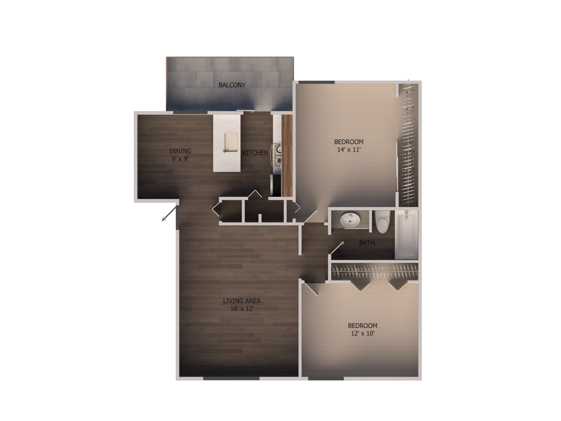 2 Bed, 1 Bath Floor Plan