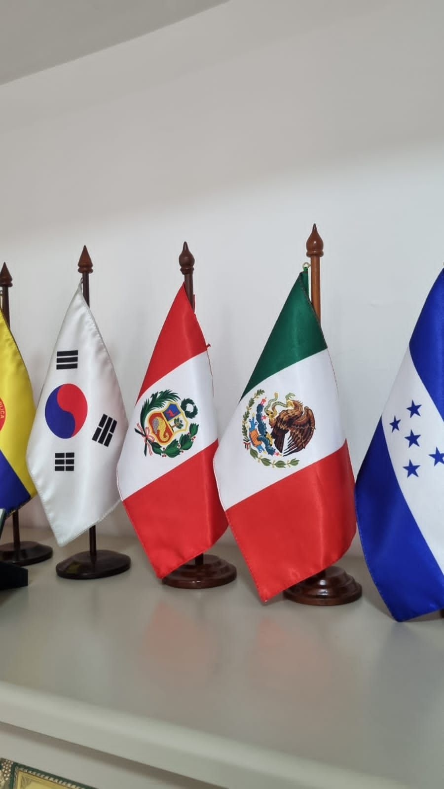 Una hilera de banderas nacionales izadas, entre ellas las de Corea del Sur, Perú, México y Honduras, en una habitación.